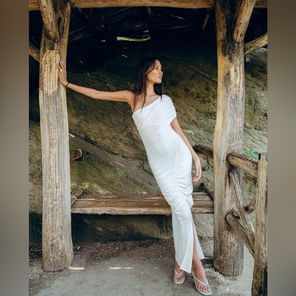 Sad maxi dress ruched stretch white wedding Elegant White One-Shoulder evening - Picture 9 of 15